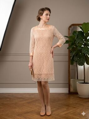 Vintage Peach Lace Shift Dress with Cream Sleeves 21 Ptp 34 Length